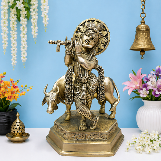 Brassaura® Brass Lord Krishna with Cow Idol | Handcrafted Krishna Playing Flute Statue | Pure Brass Spiritual Home Temple, Living Room & Pooja Décor | Height 12 Inches | 4.9 Kg