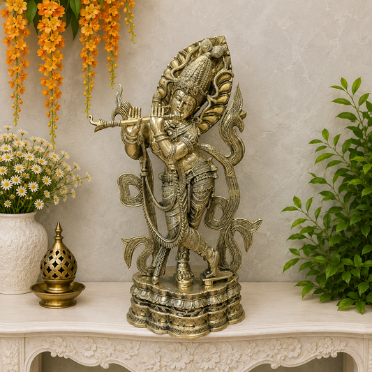 Brassaura® Brass Lord Krishna Playing Flute Statue | Handcrafted Krishna Idol | Premium Solid Brass Home Temple, Living Room & Spiritual Décor | Height 36 Inches | 30 Kg