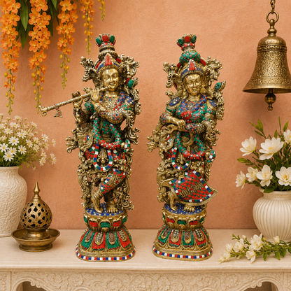 Brassaura® Brass Radha Krishna Idol Set | Handcrafted Colored Brass Radha Krishna Murti | Premium Home Temple, Living Room & Spiritual Décor | Height 29 Inches | 33 Kg