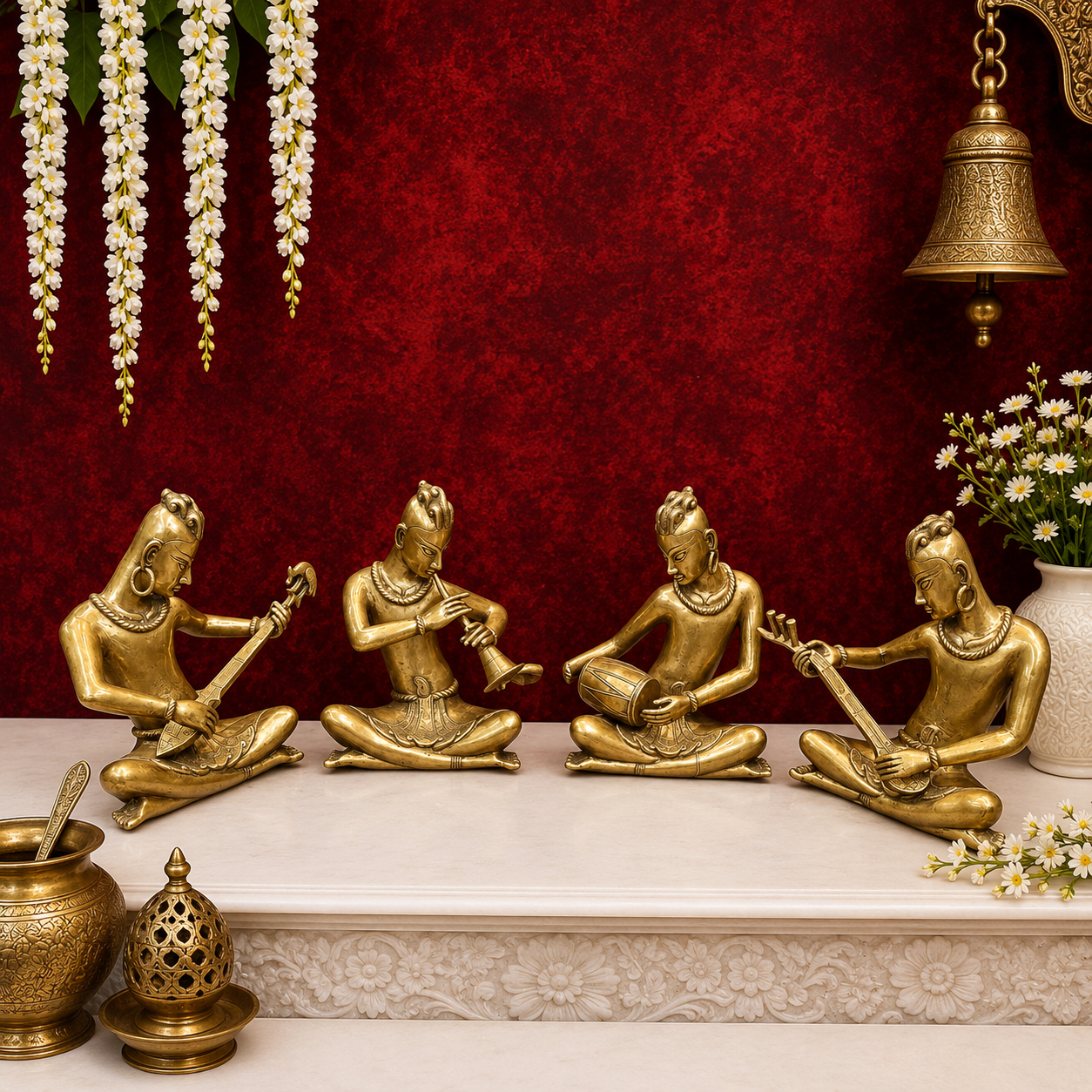 Brassaura® Brass Tribal Musician Statue Set of 4 | Handcrafted Musician Figurines | Traditional Indian Folk Art Home Décor | Height 18 Inches | 60 Kg