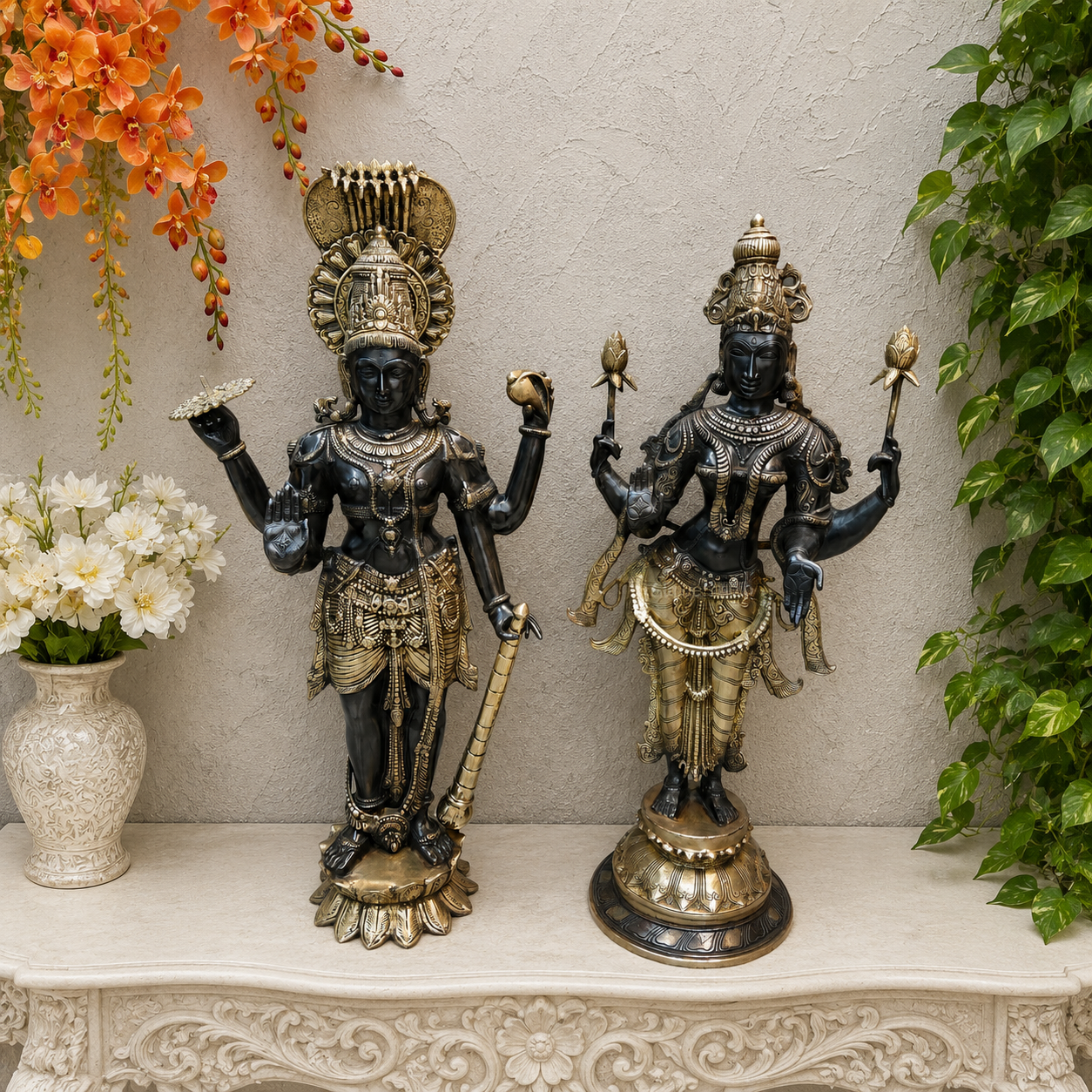 Brassaura® Brass Lord Vishnu & Goddess Lakshmi Idol Set | Premium Handmade Hindu God & Goddess Statues for Home Temple, Living Room Décor & Spiritual Gifting | 41 Inches | 66 Kg