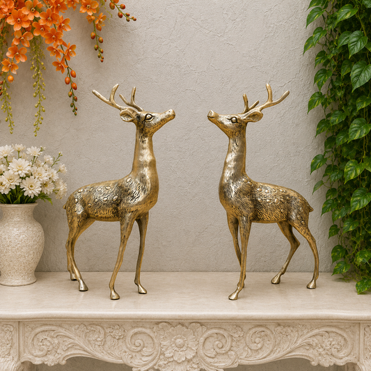 Brassaura® Brass Deer Statue Set | Pure Brass | Handcrafted Deer Figurines for Living Room, Office, Console Table, Shelf & Luxury Home Décor | Height 14 Inches | 5.6 Kg