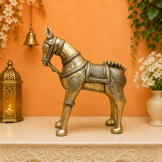 Brassaura® Brass Horse Statue | Pure Brass | Handcrafted Decorative Horse Sculpture for Living Room, Office, Console Table, Shelf & Luxury Home Décor | Height 12 Inches | 5.5 Kg