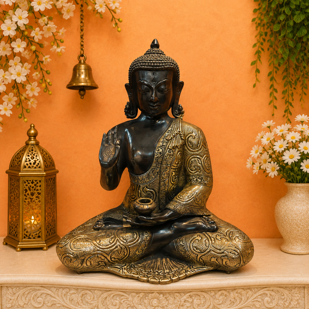 ब्रासोरा® वृंदावन वेणुगोपाल कृष्ण पीतल की प्रतिमा मोर के साथ | एंटीक नीला और सुनहरा रंग | ऊँचाई 20 इंच