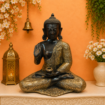 ब्रासोरा® वृंदावन वेणुगोपाल कृष्ण पीतल की प्रतिमा मोर के साथ | एंटीक नीला और सुनहरा रंग | ऊँचाई 20 इंच
