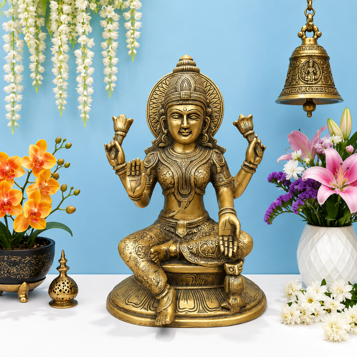 ब्रासोरा® वृंदावन वेणुगोपाल कृष्ण पीतल की प्रतिमा मोर के साथ | एंटीक नीला और सुनहरा रंग | ऊँचाई 20 इंच