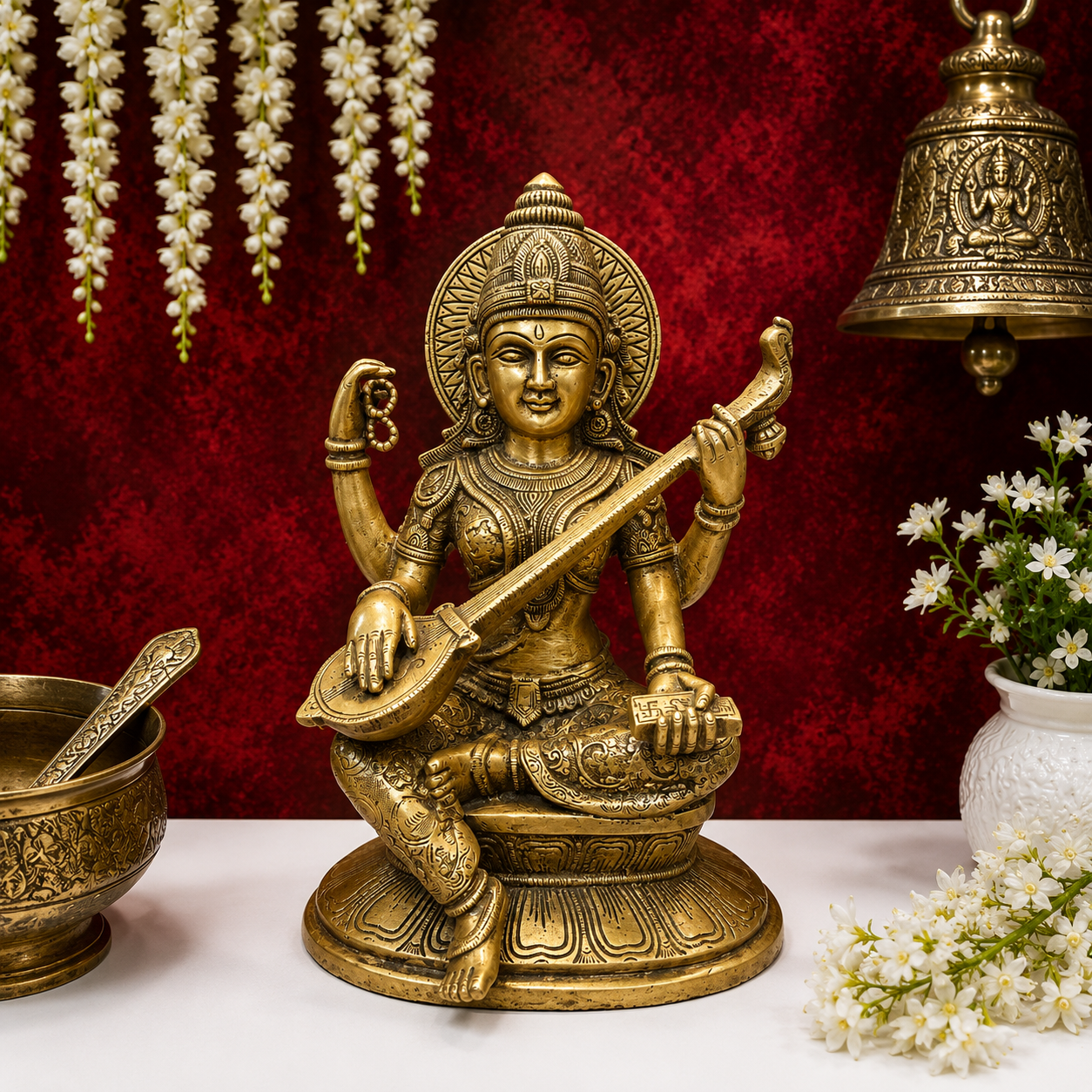 Brassaura® Brass Goddess Saraswati Statue | Handcrafted Premium Brass Saraswati Murti for Home Temple, Pooja & Spiritual Décor | Antique Brass Finish | 15 Inches | 13 Kg