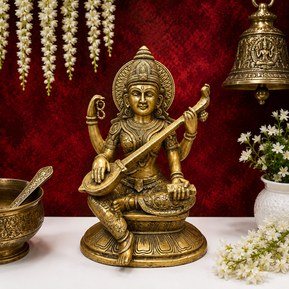 Brassaura® Brass Goddess Saraswati Statue | Handcrafted Premium Brass Saraswati Murti for Home Temple, Pooja & Spiritual Décor | Antique Brass Finish | 15 Inches | 13 Kg