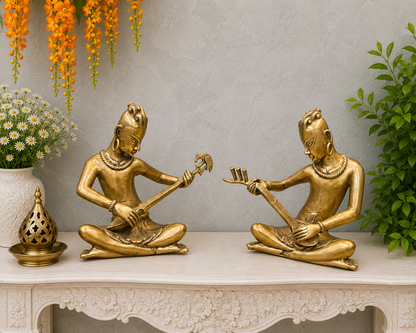 Brassaura® Brass Tribal Musician Statue Set of 2 | Handcrafted Indian Folk Musician Figurines | Traditional Brass Home Décor Showpiece | Height 18 Inches | 30 Kg