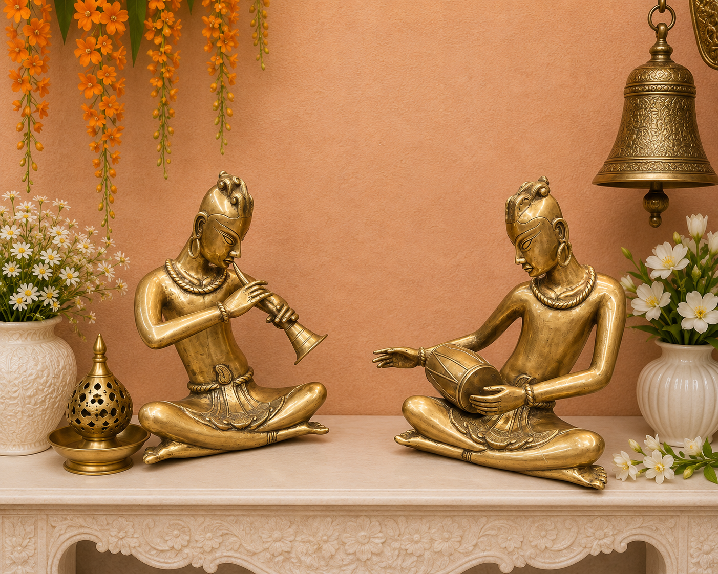 Brassaura® Brass Tribal Musician Statue Set of 2 | Handcrafted Indian Folk Musician Figurines | Traditional Brass Home Décor Showpiece | Height 18 Inches | 30 Kg