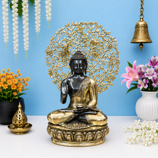 ब्रासोरा® वृंदावन वेणुगोपाल कृष्ण पीतल की प्रतिमा मोर के साथ | एंटीक नीला और सुनहरा रंग | ऊँचाई 20 इंच