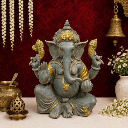 Brassaura® Brass Lord Ganesha Idol | Premium Handcrafted Ganpati Bappa Murti | Antique Finish Spiritual Home Temple & Living Room Décor | Height 21 Inches | 22 Kg