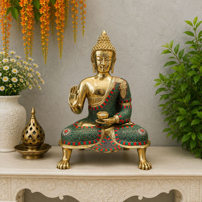 Brassaura® Brass Lord Buddha Idol | Premium Handcrafted Meditating Buddha Statue with Stone Work | Antique Finish | Home Temple, Living Room & Spiritual Décor | Height 20 Inches | 11.8 Kg
