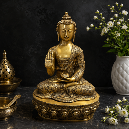 Brassaura® Brass Lord Buddha Idol | Premium Handcrafted Seated Buddha Statue | Antique Finish | Home Temple, Meditation Room, Living Room & Spiritual Décor | Height 23 Inches | 17 Kg
