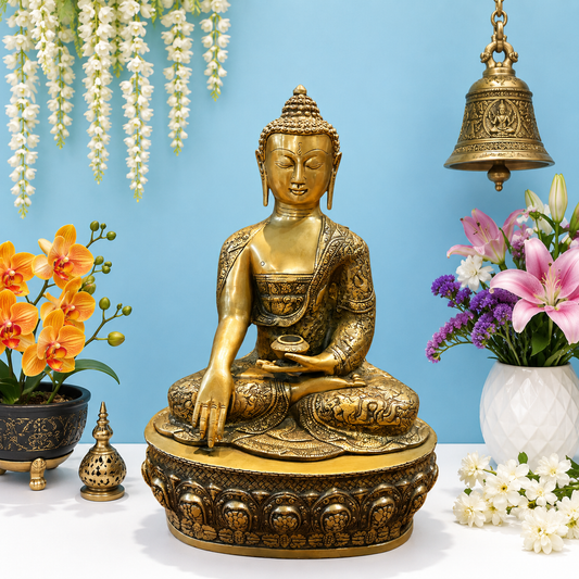 Brassaura® Brass Bhumisparsha Buddha Idol | Premium Handcrafted Seated Lord Buddha Statue | Antique Finish | Home Temple, Meditation Room & Spiritual Décor | Height 23 Inches | 17 Kg