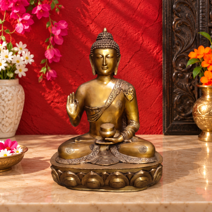 Brassaura® Buddha Sitting in Abhaya Mudra with Antique Brass Finish | Pure Superfine Brass Handcrafted Murti | Brass Statue for Home Temple, Pooja Room | Height 28 Inches | Weight 29.6 Kgs