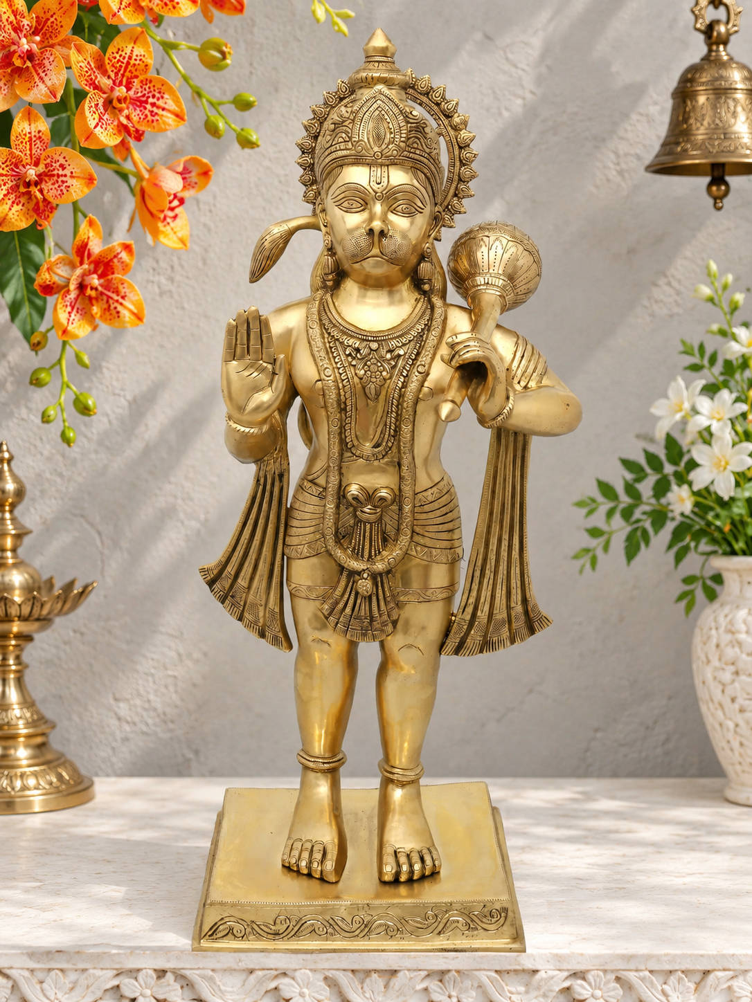 Brassaura® Hanuman Standing Blessing Pose Idol with Natural Brass Finish | Pure Superfine Brass Handcrafted Murti | Brass Statue for Home Temple, Pooja Room | Height 35 Inches | Weight 31.36 Kgs