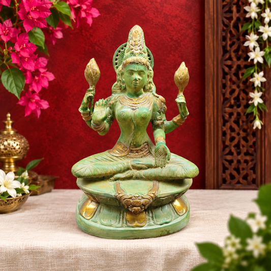 Brassaura® Maa Lakshmi Seated Lotus Pose Idol with Vintage Green Finish | Pure Superfine Brass Handcrafted Murti | Brass Statue for Home Temple, Pooja Room | Height 18.2 Inches | Weight 11 Kgs