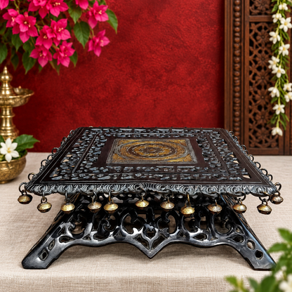 Brassaura® Square Aasan Chowki with Ghungroo Bells & Antique Black and Gold Finish | Pure Superfine Brass Handcrafted Pedestal | Brass Bajot for Home Temple, Pooja Room | Height 5 Inches | Weight 11 Kgs