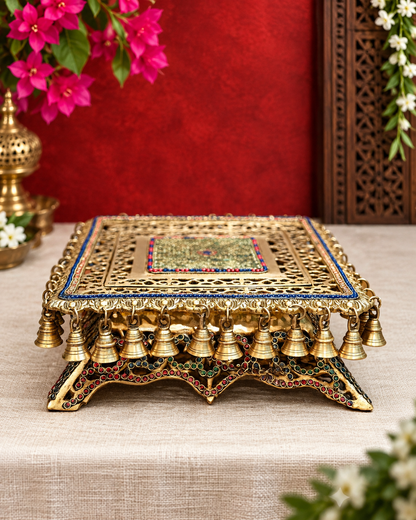 Brassaura® Pooja Chowki with Natural Stonework & Ghungroo Bells | Pure Superfine Brass Handcrafted Pedestal | Brass Bajot for Home Temple, Pooja Room | Height 5 Inches | Weight 11 Kgs