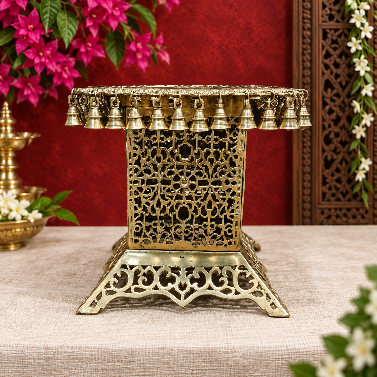 Brassaura® Tall Brass Chowki Stand with Intricate Jaali Work & Bells | Pure Superfine Brass Handcrafted Pedestal | Brass Bajot for Home Temple, Pooja Room | Height 15 Inches | Weight 16 Kgs