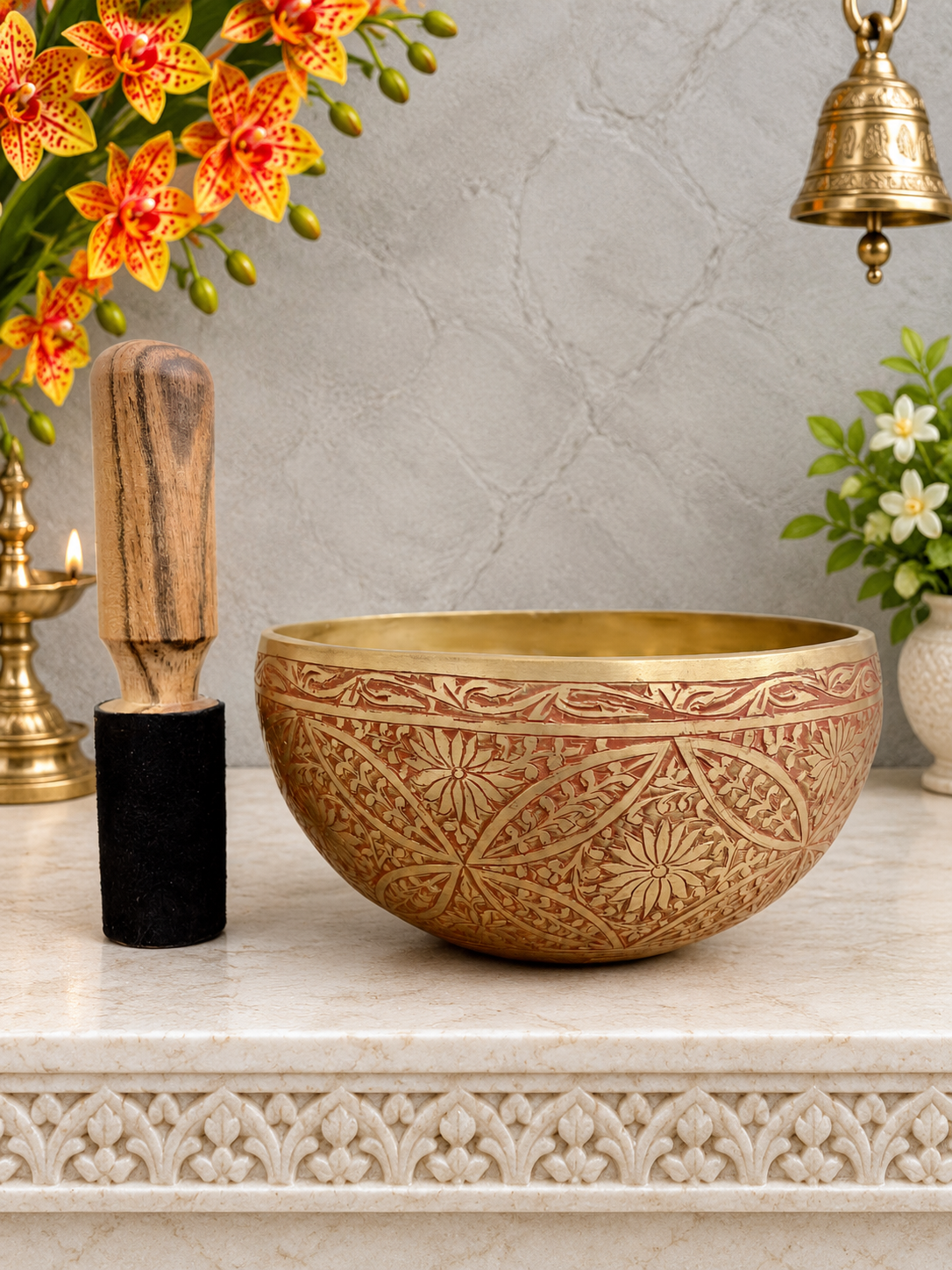 Brassaura® Engraved Himalayan Singing Bowl with Reddish-Bronze Finish | Handcrafted Meditation & Sound Healing Bowl
