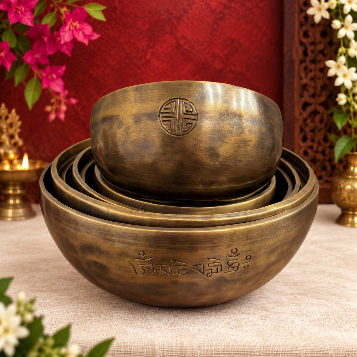 Brassaura® 7 Chakra Singing Bowls Full Moon Edition with Tiger Brown Finish | Handcrafted Bell Metal Sound Healing Bowls | C3 to B3 | Sizes 6–10 Inches