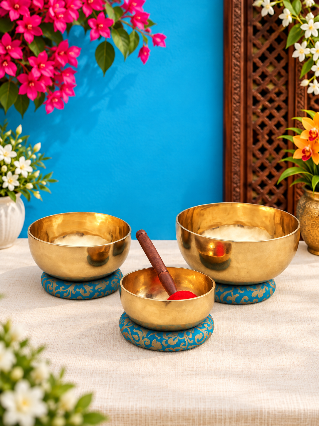 Brassaura® Sacred Trio 3 Chakra Singing Bowl Set with C, F & B Notes | Handcrafted Sound Healing Bowls | Root, Heart & Crown Chakra | Meditation & Yoga Sound Bowl Set