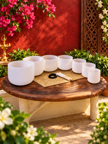 Brassaura® 7 Chakra Crystal Singing Bowls Set | Handcrafted Quartz Crystal Sound Healing Bowls | 7 Bowls for Chakra Meditation, Yoga & Spiritual Practice | Sizes 6–12 Inches
