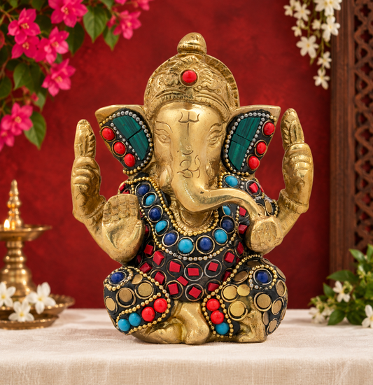 ब्रासौर ब्रास रत्न जड़ित अप्पू गणेश प्रतिमा घर की सजावट के लिए, ऊंचाई 16 सेमी
