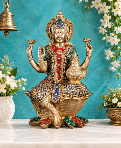 ब्रैसौरा™ ब्रास जेम स्टोन वर्क बैठी लक्ष्मी माता घर और मंदिर की मूर्ति के लिए-ऊंचाई 12 इंच और वजन 5.5 किलोग्राम