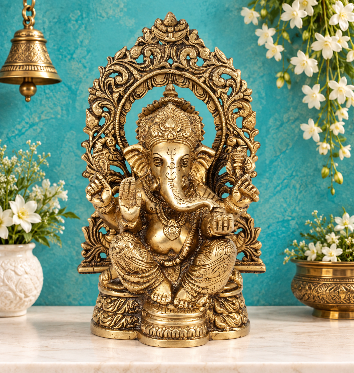 Brassaura® Ganesha Seated Blessing Idol with Antique Golden Finish | Pure Superfine Brass Handcrafted Murti | Brass Statue for Home Temple, Pooja Room | Height 8.66 Inches | Weight 2 Kgs
