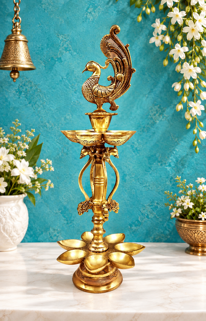 Brassaura® Peacock Kuthu Vilakku Standing Oil Lamp with Polished Golden Finish | Pure Superfine Brass Handcrafted Murti | Brass Statue for Home Temple, Pooja Room | Height 20 Inches | Weight 4.4 Kgs