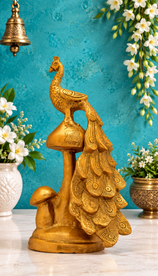 Brassaura® Brass Peacock Statue | Handcrafted Decorative Showpiece | Height 8.7 Inches & Weight 1.5 Kgs