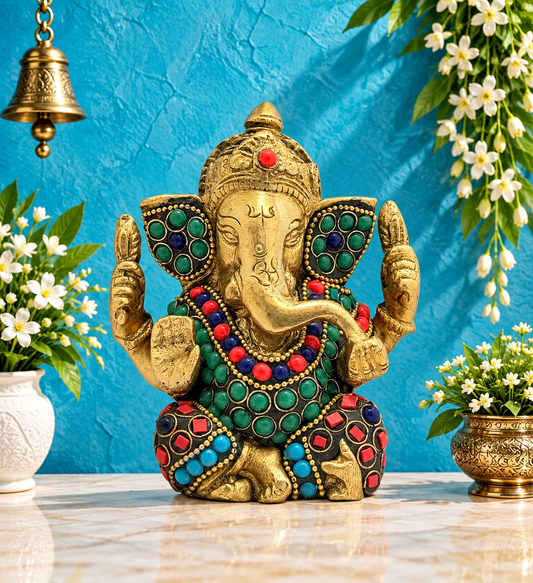 ब्रासौड़ा ब्रास जेम स्टोन वर्क अप्पू गणेश प्रतिमा घर की सजावट के लिए, ऊंचाई 16 सेमी