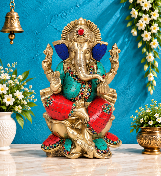 Brassaura™ Brass Multicolor Gemstone Ganesha Sitting on Lotus – Height 9.84 inches | Weight 4 kgs
