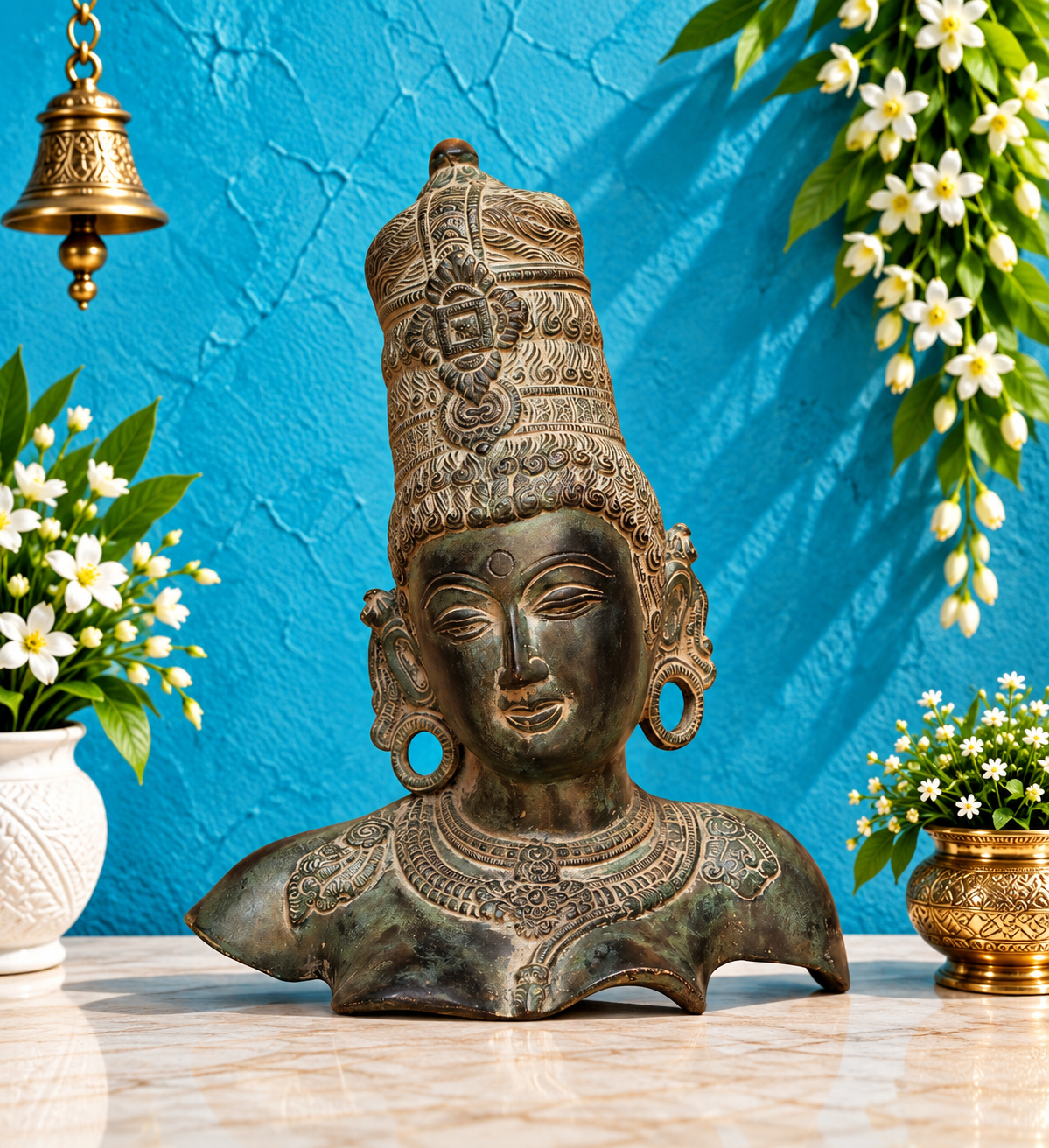 ब्रासौराव™ ब्रास पार्वती हेड स्टैच्यू | हस्तनिर्मित देवी गौरी बस्ट | ऊँचाई 12 इंच और वज़न 5.2 किलोग्राम