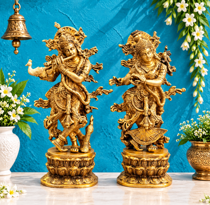 Brassaura™ ब्रास राधा-कृष्ण मूर्ति – ऊंचाई 12 इंच | आध्यात्मिक घर की सजावट