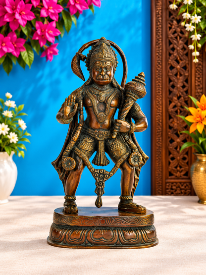 ब्रासुरा® एंटीक फ़िनिश हनुमान प्रतिमा | पीतल और पैटिना वर्क | ऊंचाई 11 इंच और वज़न 3.40 किलोग्राम
