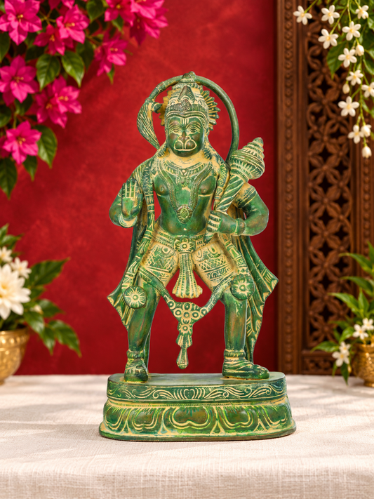 ब्रासौड़ा® एंटीक फ़िनिश हनुमान प्रतिमा | पीतल पर पेटिना वर्क | ऊँचाई 11 इंच और वज़न 3.40 किग्रा