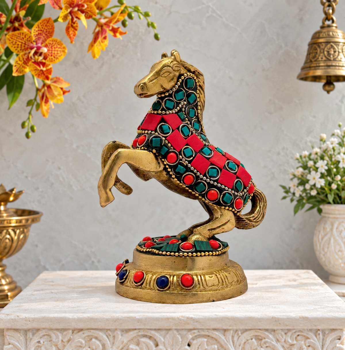 Brassaura® Brass Horse Idol with Gem Stone Work | Handcrafted Decorative Showpiece | Height 3.5 Inches & Weight 0.5 Kgs