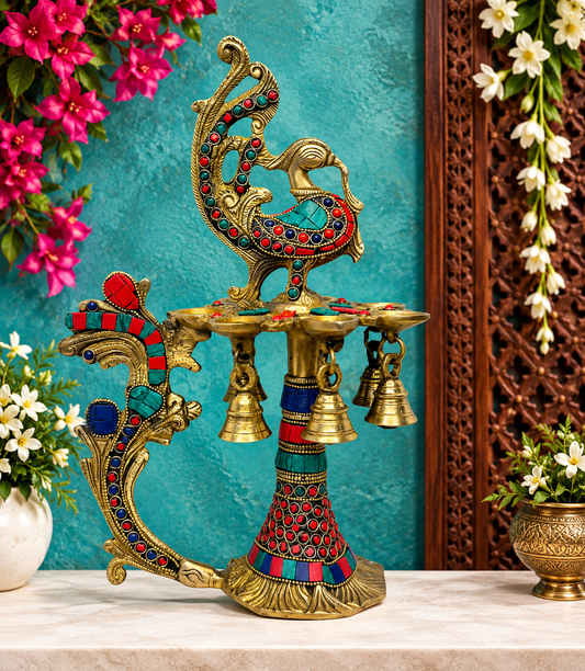 Brassaura® Brass Gem Stone Work Peacock Decorative Diya Weight 2.30 Kg Height 11 Inch
