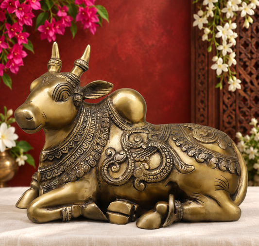 ब्रसाउरा® पवित्र कैलाश नंदी बैल पीतल की मूर्ति | मंदिर शैली शिव वाहन मूर्ति | ऊंचाई 10 इंच