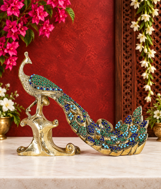 ब्रासोरा® ब्रास पीकॉक डेकोरेटिव स्टैच्यू विथ इनले वर्क | शुद्ध पीतल | ऊंचाई 8.3 इंच और वज़न 2.80 किलोग्राम