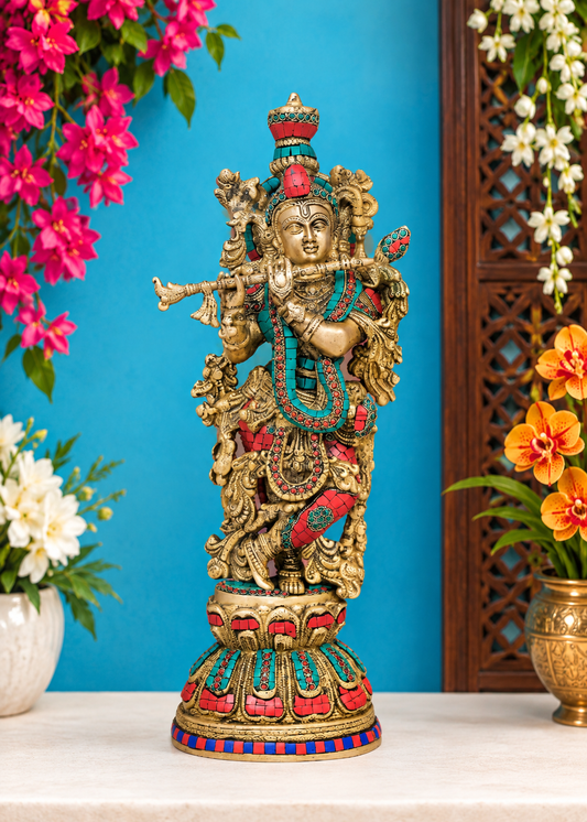 Brassaura® Krishna Standing Idol with Inlay Work Finish | Pure Superfine Brass Handcrafted Murti | Brass Statue for Home Temple, Pooja Room | Height 20.08 Inches | Weight 8.72 Kgs