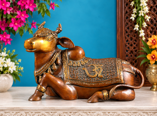 Brassaura® Handcrafted Brass Nandi Statue with Om & Swastik Symbols | Traditional Spiritual Décor | Weight 7 Kgs | Height 7.5 Inches