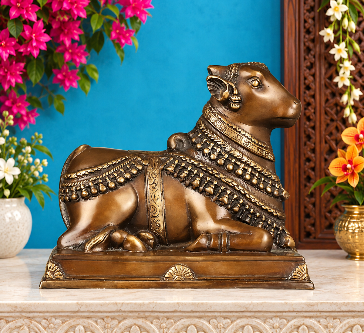 ब्रॉसर™ हस्तनिर्मित पीतल नंदी प्रतिमा – ऊंचाई 8 इंच और वज़न 3.97 किलोग्राम | भक्तिपूर्ण मूर्ति