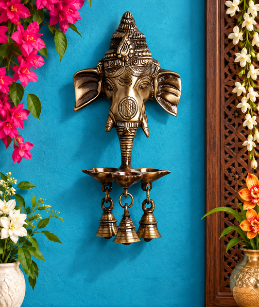 Brassaura® Black Gloss Ganesha Diya Wall Hanging Lamp – Height 9.5 Inches, Weight 1.2 Kgs