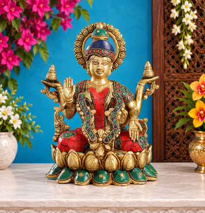 ब्रासौहरा™ पारंपरिक पीतल की रत्न जड़ित लक्ष्मी प्रतिमा - ऊंचाई 10.5 इंच और वजन 4 किलोग्राम | पूजा कक्ष की मूर्ति