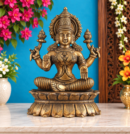 Brassaura™ प्रीमियम ब्रास लक्ष्मी आइडल – ऊंचाई 12 इंच और वज़न 7.5 किग्रा | देवी लक्ष्मी प्रतिमा